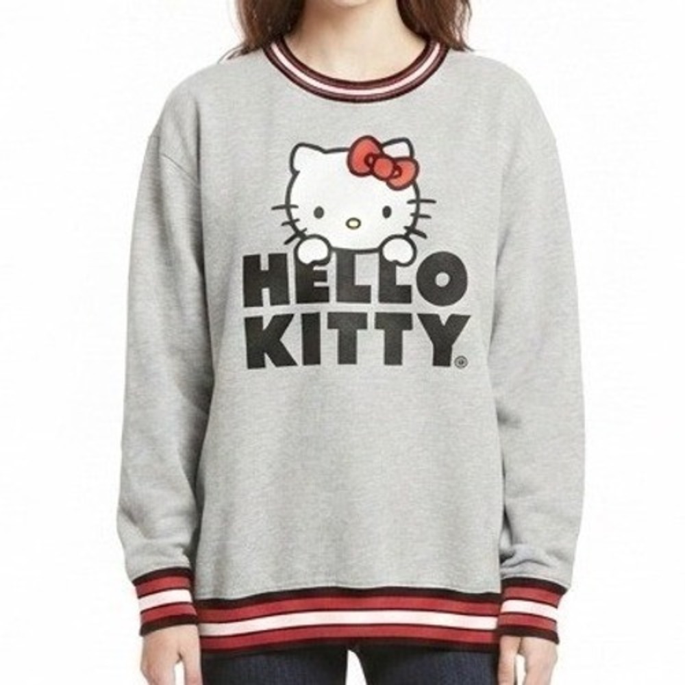 Hello Kitty Sweatshirt Womens Medium Gray Sanrio Graphic Varsity Stripe Pullover